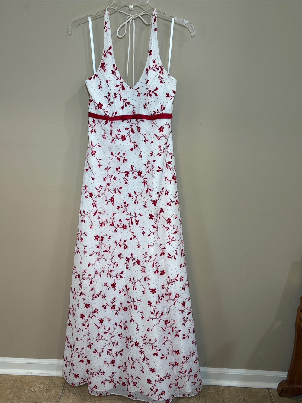 White Formal Halter Dress with Red Floral Glitter Flocking, Tulle Underskirt, 7